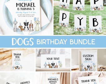 Lot d'anniversaire de chien, faire-part de fête pour chiot, lot de fête d'anniversaire pour garçon sur le thème du chien Pawty, modèles modifiables 42DG