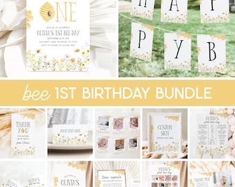 First Bee Day Birthday Bundle, First Beeday Invitation, Bee Girl 1st Birthday Party Bundle Editable Templates 78BE