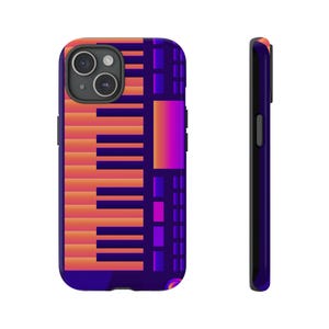 May include: A phone case with a striking design. The case displays a gradient of orange and yellow stripes on the left, blending into purple and magenta geometric shapes on the right. The side view reveals a sleek, black edge.