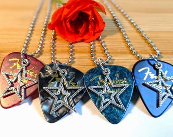 Guitar Pick Necklace with Double Star Charm