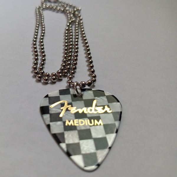 Guitar Pick Necklace, Black and White Checkered Fender Pick