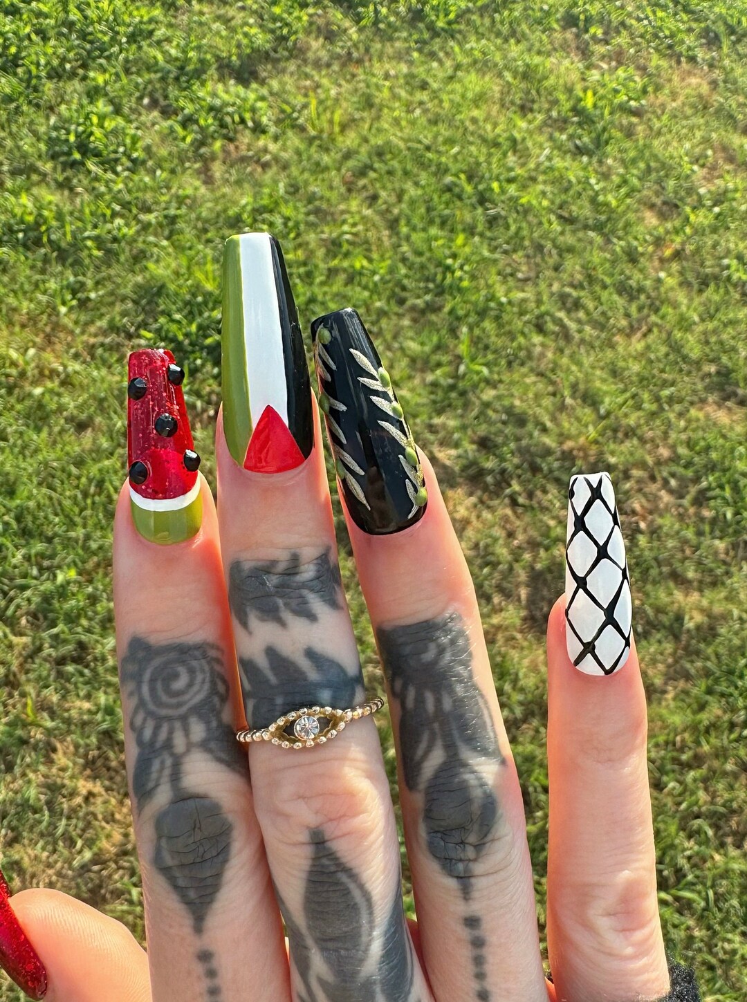 Handpainted Gel X Palestine Nails Keffiyah, Flag, Olive Branch, Glitter