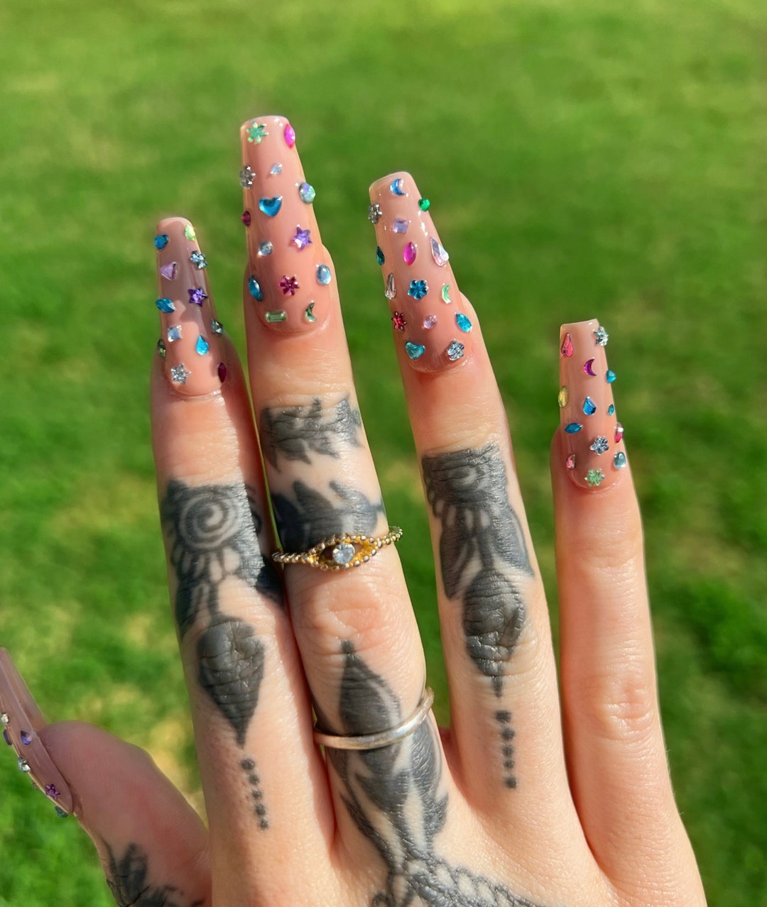 Nude Gel X Nails With Colorful Gems • Valentine’s Day - Etsy