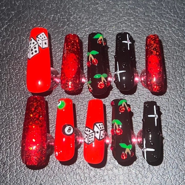 Long press on nails with rhinestone cherries, handpainted dice & handpainted 3D lucky 8 ball. Gel x