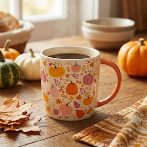 May include: A ceramic mug with a handle, featuring a repeating pattern of orange, pink, and yellow pumpkins, autumn leaves, and small hearts. The mug is filled with a dark brown liquid and is surrounded by small pumpkins and dried leaves.