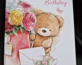 Tarjeta de cumpleaños con osito de peluche para ella / Tarjeta de felicitación con flores rosas y taza de té, tarjeta de feliz cumpleaños para mamá, hermana, amiga, abuela.