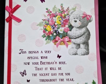 Tarjeta de cumpleaños con osito de peluche para ella • Tarjeta de cumpleaños floral para mamá, abuela, hermana, hija, amiga • Tarjeta de felicitación con versos dulces