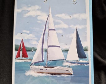 Tarjeta de cumpleaños con velero tradicional / Ilustración de un velero en el océano sereno, tarjeta de felicitación náutica junto al mar, tarjeta de cumpleaños para hombre