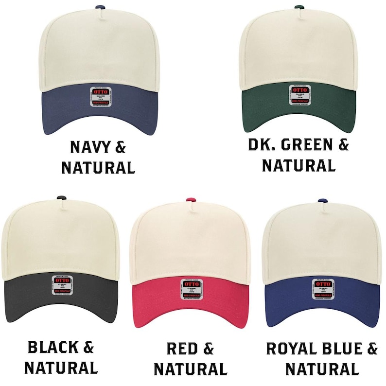 Puede incluir: Gorras de b&eacute;isbol en varios colores: azul marino, verde oscuro, negro, rojo y azul real. Cada gorra presenta una corona de color natural y una visera de color, con el texto "OTTO" en un peque&ntilde;o parche.