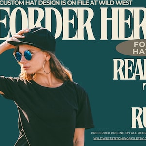 May include: Image features a person wearing a black hat and sunglasses. Text overlay reads "REORDER HERE" and "READY TO RUN" for hats. The background is a teal color.