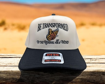 Gorra de camionero cristiana de dos tonos con diseño bordado de Romanos 12:2