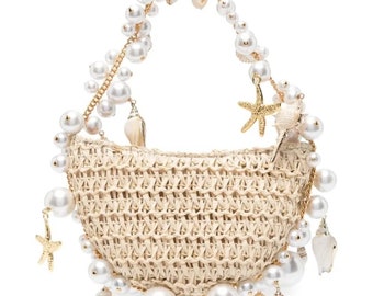 El bolso Daniella Seashell – Bolso de paja tejido a mano con perlas y conchas – Bolso de boda estilo boho costero – Estilo sirena de verano