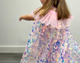 Capa de princesa con lentejuelas mágicas para niñas: capa de disfraz de sirena iridiscente, accesorio brillante para cumpleaños y fiestas.