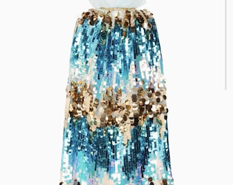 Capa de sirena con lentejuelas doradas y aguamarina para niñas – Disfraz de princesa verde azulado – Capa mágica con purpurina ombré para cumpleaños y fiestas – Brillante D