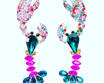 Pendientes de langosta arcoíris con diamantes de imitación