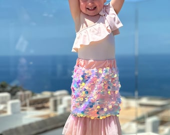 Falda de sirena con lentejuelas para niña: disfraz de fiesta, ropa de playa