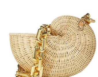 Bolso de mimbre hecho a mano con correa de cadena gruesa