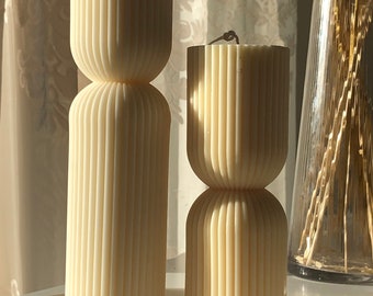 Geometric and artisanal column candle with natural soy wax for chic and sophisticated decoration