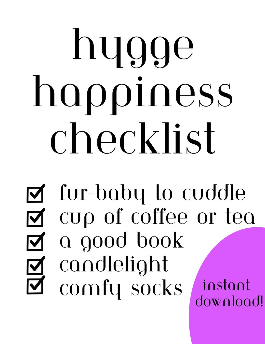 Hygge Happiness Checklist Wall Art Printable Art Instant Etsy