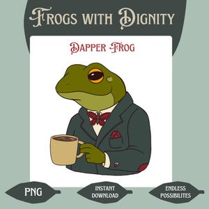 Gepflegter Frosch - Süßes Tier PNG, Klassischer Frosch Clipart, digitale Kunst, Druckbare PNG, ausgefallener Frosch Aufkleber, wunderlicher Frosch-Download