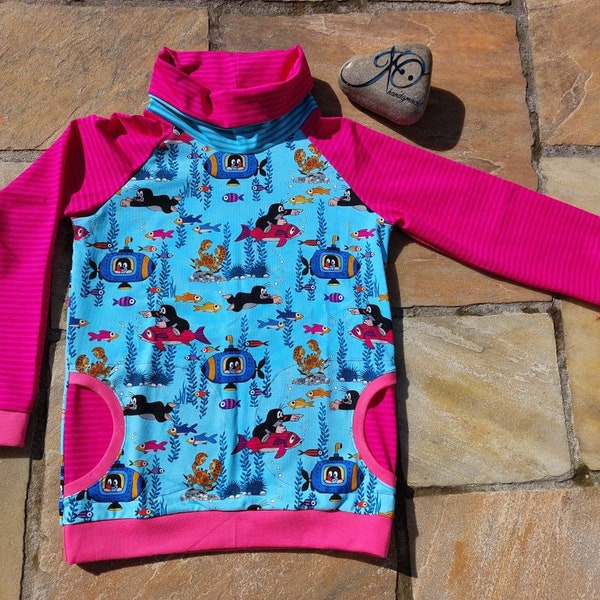 Sweatshirt / Pullover Der kleine Maulwurf Pauli Unterwasser Jersey mit Schalkragen und Taschen Größe 128