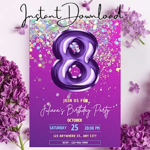 Purple 8th Birthday Party Invitation - Custom, Personalized Instant Download - Printable or Send as an Animated Digital Invitation