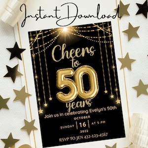 Prost 50 Jahre Jubiläums- oder Geburtstagsparty-Einladung - bearbeitbar, individuell, personalisierter Sofort-Download - druckbar oder digital