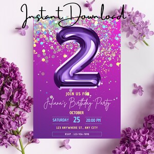 Purple 2nd  Birthday Party Invitation - Custom, Personalized Instant Download - Printable or Send as an Animated Digital Invitation