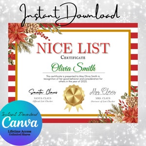 Santa Letter, Nice List Certificate, Instant Download, Editable, Printable, Signed by Santa and Mrs. Clause