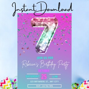 Mermaid 7th Birthday Party Invitation - Custom, Personalized Instant Download - Printable or Send as an Animated Digital Invitation