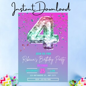 Mermaid 4th Birthday Party Invitation - Custom, Personalized Instant Download - Printable or Send as an Animated Digital Invitation