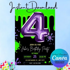 Slime 4. Geburtstagsparty-Einladung - individuell, personalisierter Sofort-Download - druckbar oder als animierte digitale Einladung senden