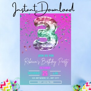 Mermaid 3rd Birthday Party Invitation - Custom, Personalized Instant Download - Printable or Send as an Animated Digital Invitation