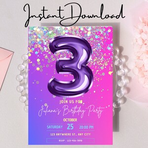 Pink and Purple 3rd Birthday Party Invitation - Custom, Personalized Instant Download - Printable or Send as an Animated Digital Invitation