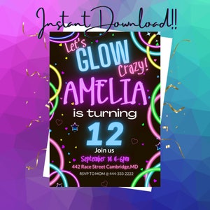 Invitation fête Blacklight Glow - Téléchargement instantané modifiable, personnalisé, personnalisé - Imprimable ou envoyer comme une invitation numérique animée