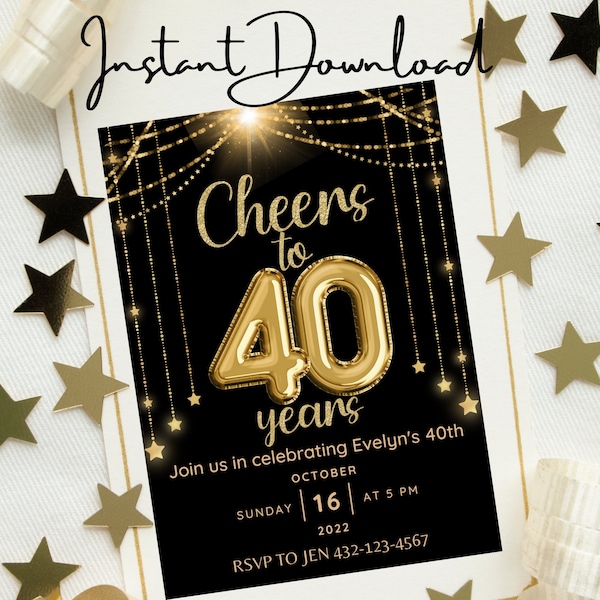 Cheers to 40 Years Anniversary or Birthday Party Invitation - Editable, Custom, Personalized Instant Download - Printable or Digital