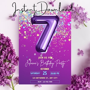 Purple 7th Birthday Party Invitation - Custom, Personalized Instant Download - Printable or Send as an Animated Digital Invitation