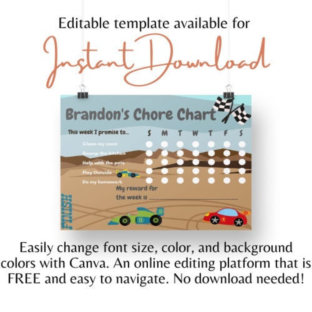 Race Car Weekly Chore and Reward Chart Editable Printable Etsy