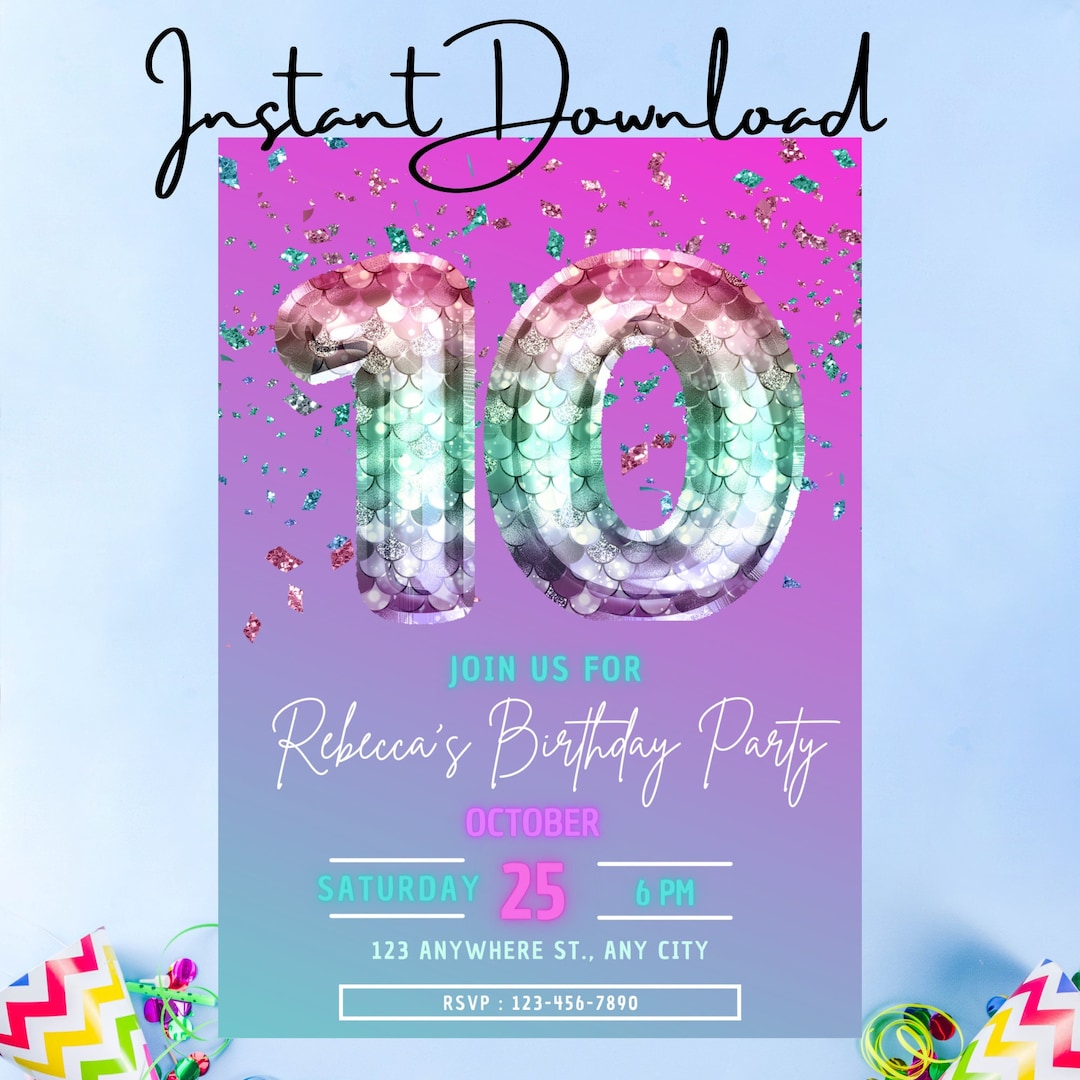 Mermaid 10th Birthday Party Invitation Custom, Personalized Instant
