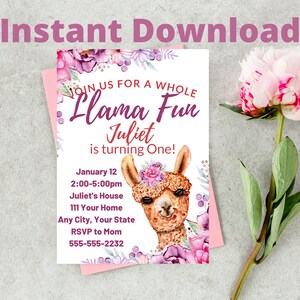 Llama or Alpaca Party Invitation - Editable, Custom, Personalized Instant Download  - Printable or Digital - Birthday Invitations