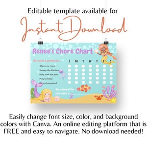 Mermaid Weekly Chore and Reward Chart - Editable, Printable, Instant Download