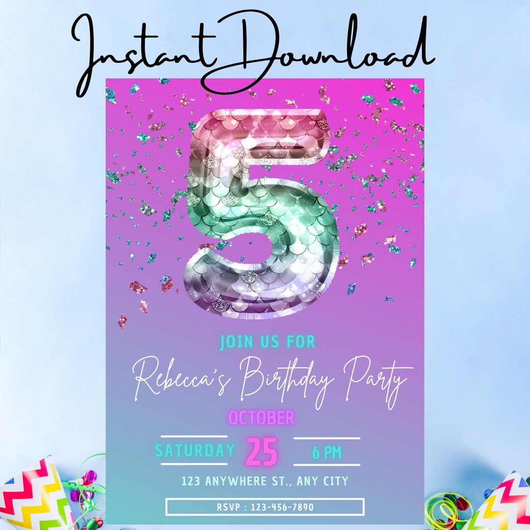 Mermaid 5th Birthday Party Invitation Custom, Personalized Instant