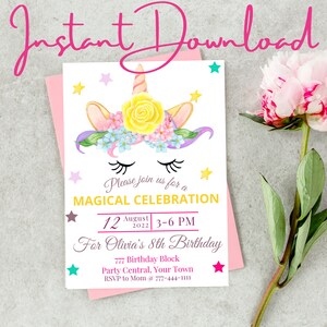 Unicorn Party Invitation - Editable, Custom, Personalized Instant Download - Printable or Digital - Boy or Girl Birthday Invitations