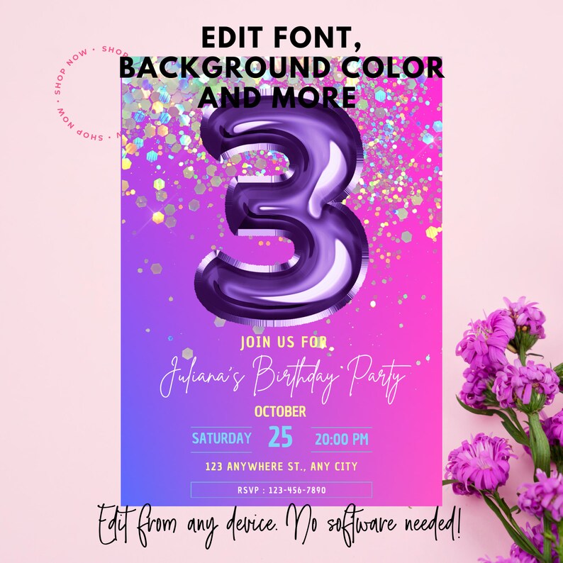 Pink and Purple 3rd Birthday Party Invitation Custom, Personalized ...