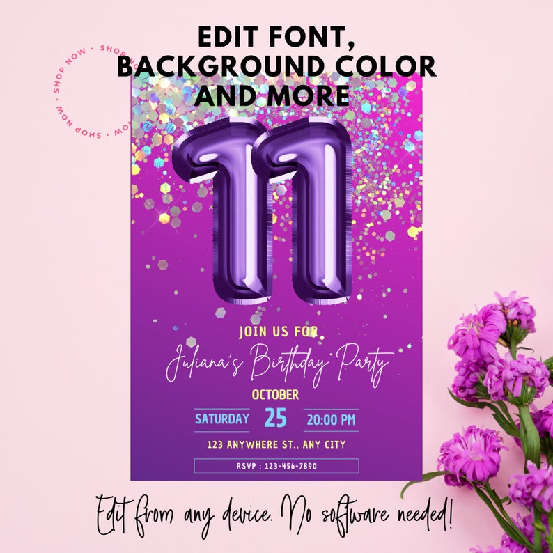 11th Birthday Party Invitation Custom, Personalized Instant Download ...