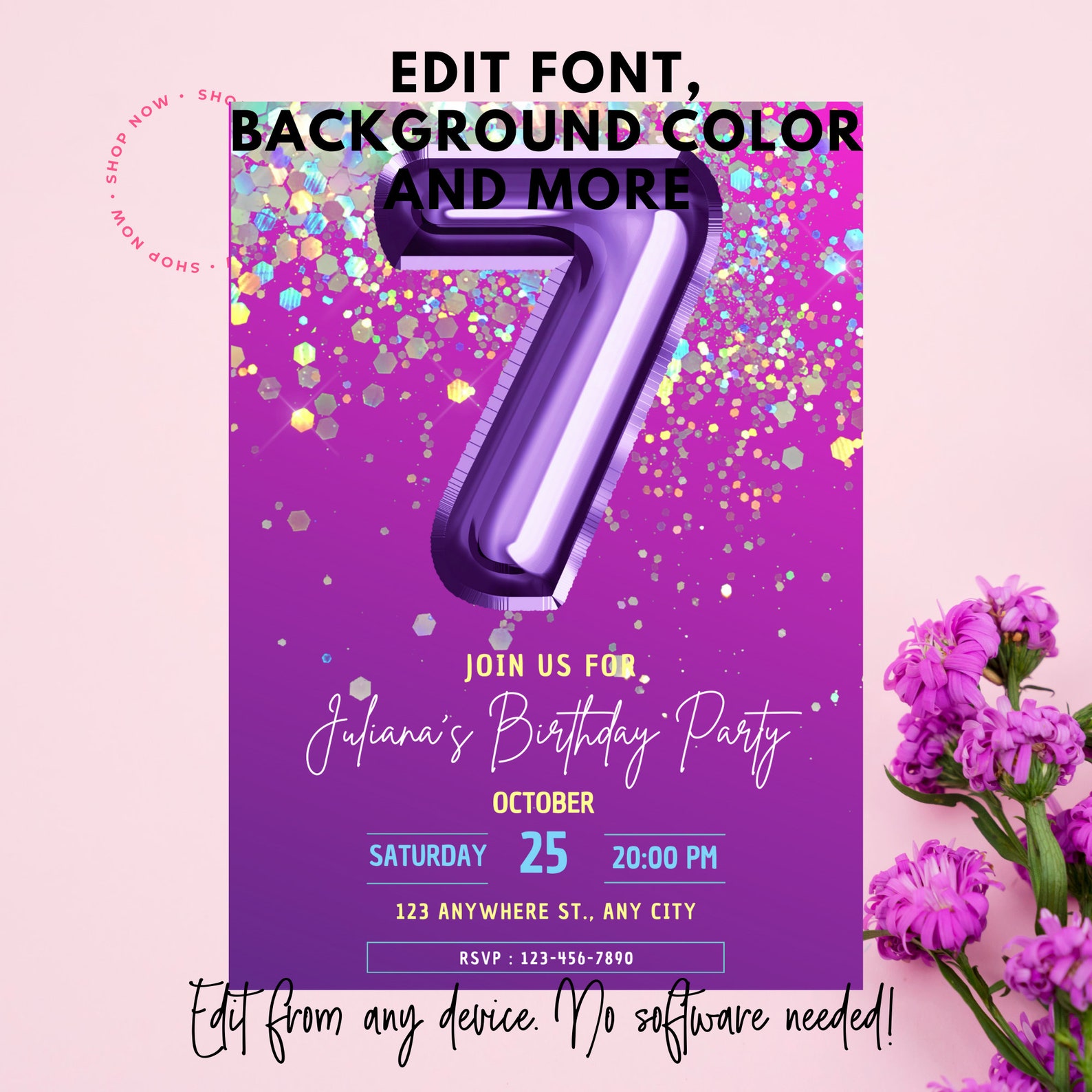 7th Birthday Party Invitation Custom, Personalized Instant Download