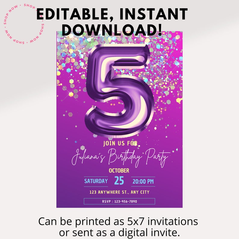 5th Birthday Party Invitation Custom, Personalized Instant Download