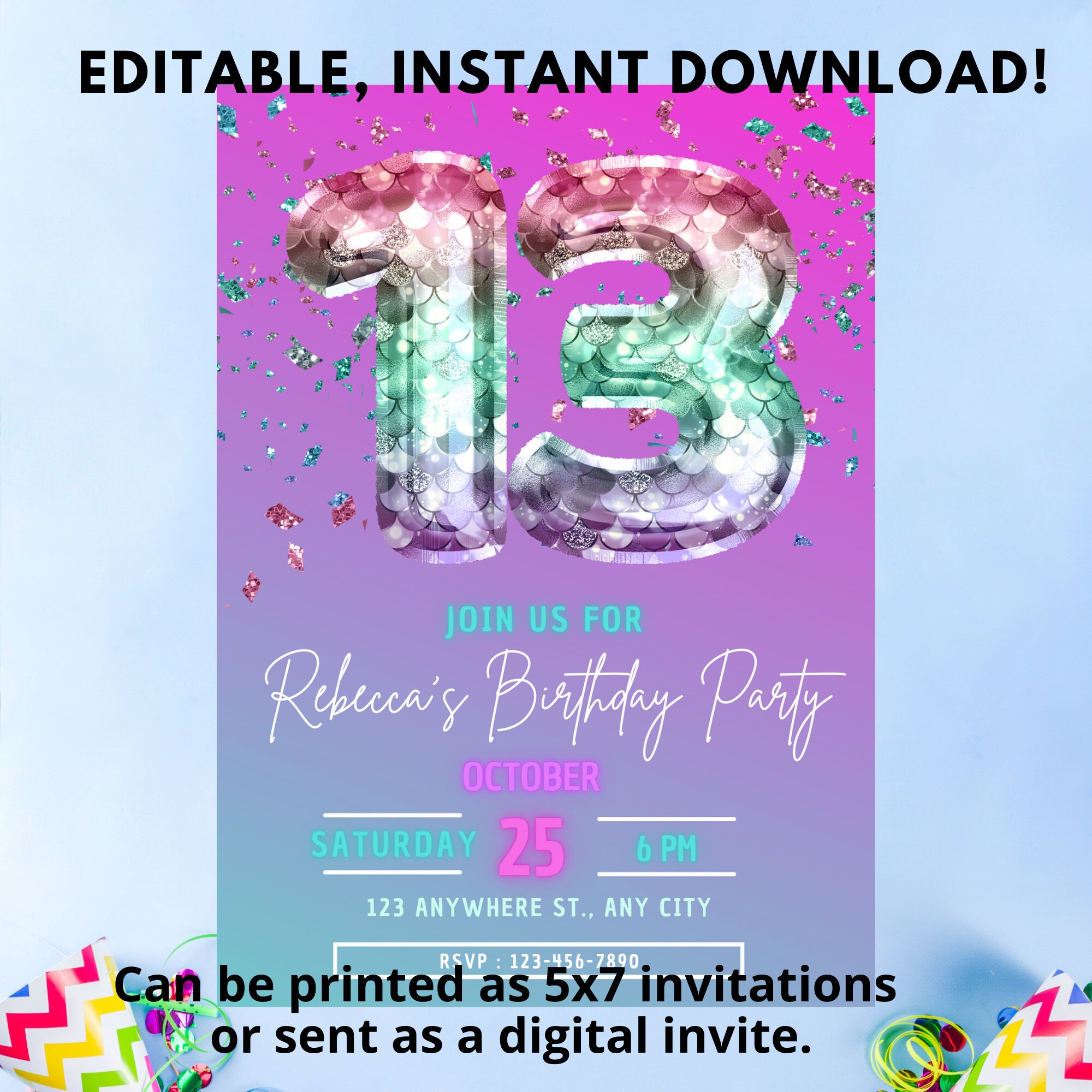 Mermaid 13th Birthday Party Invitation - Custom, Personalized Instant ...