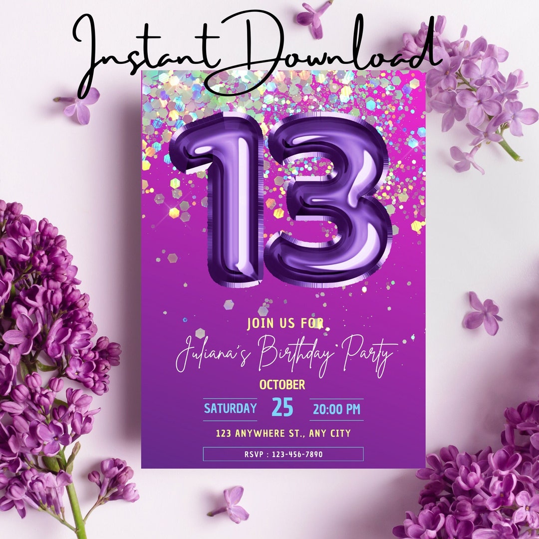 Purple 13th Birthday Party Invitation - Custom, Personalized Instant ...