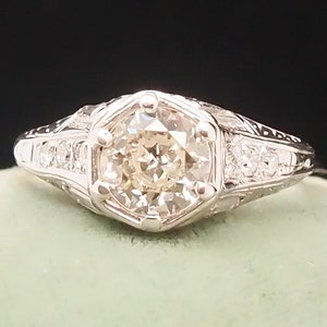 Circa 1920s Art Deco Platinum .90ct Old European Diamond Engagement Ring -